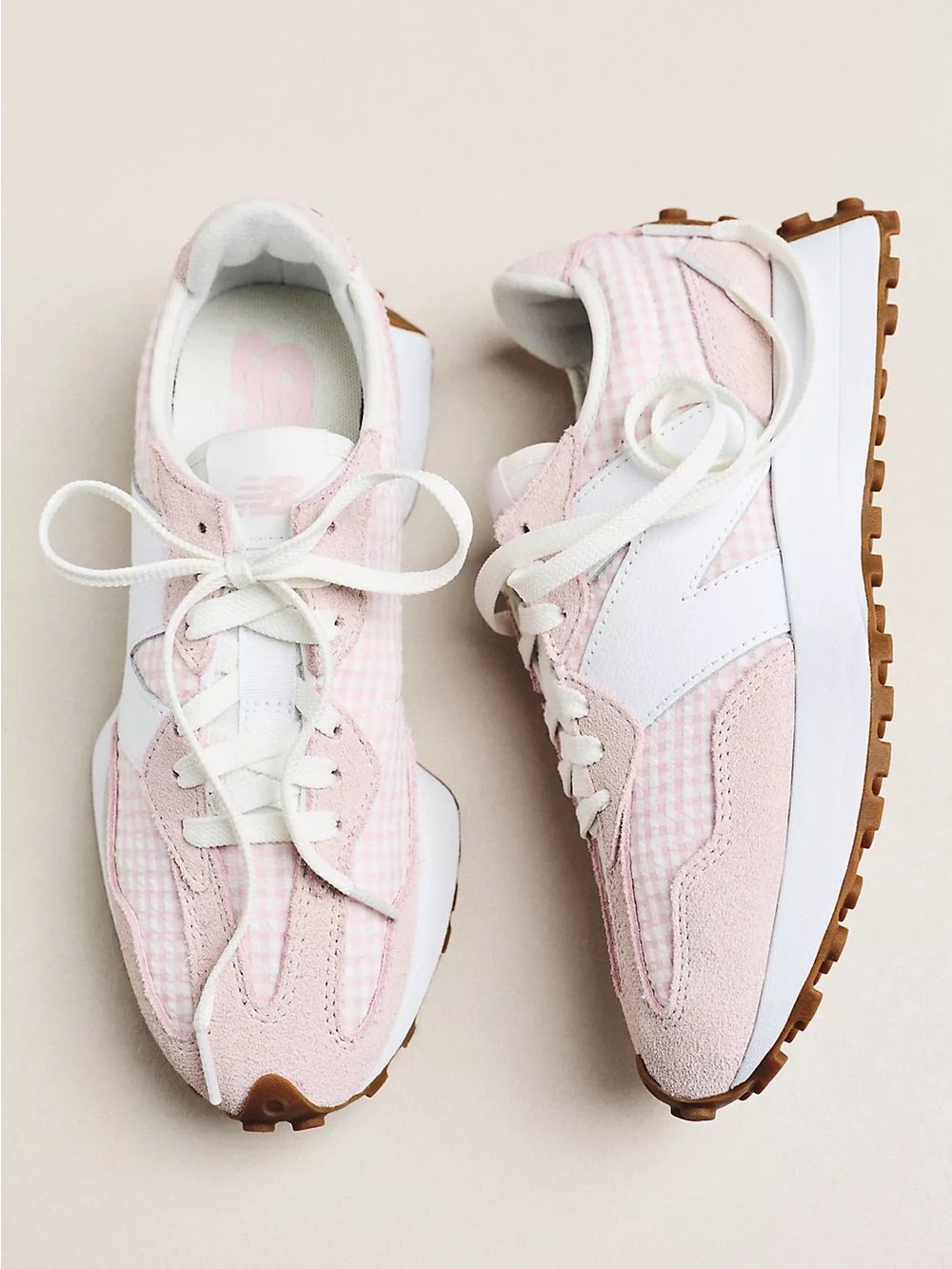 NWT 🩷 👟 New Balance Pink and Stone White Gingham Women's Athletic Sneakers 327 - Picture 2 of 3